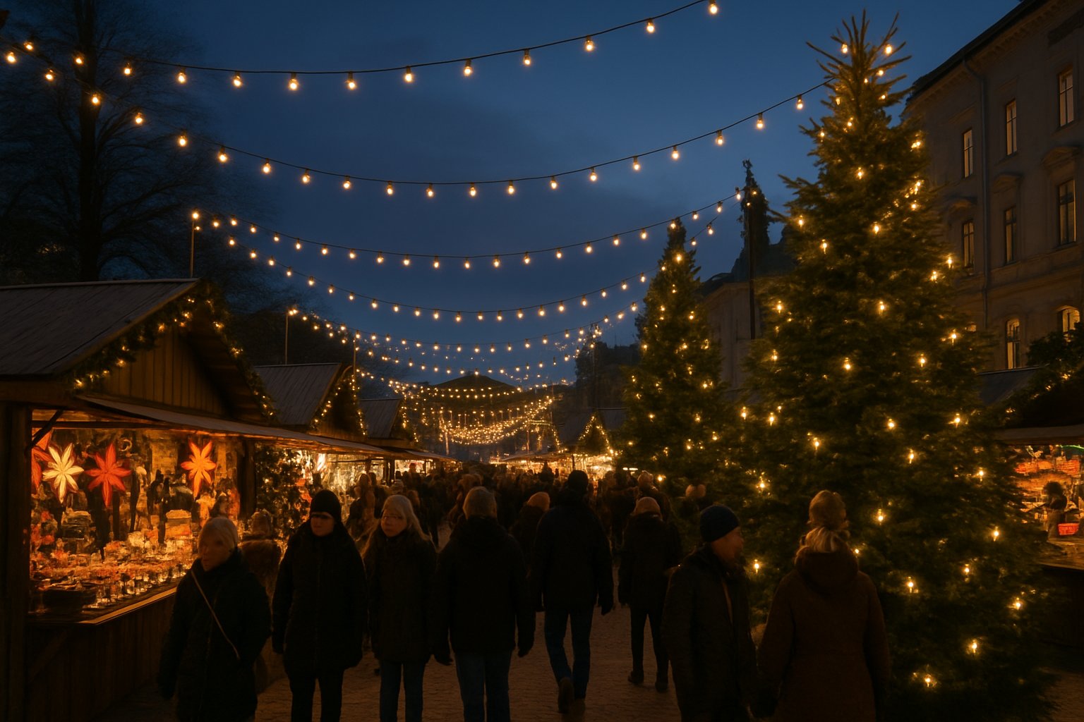 Christmas market stalls and lights at night